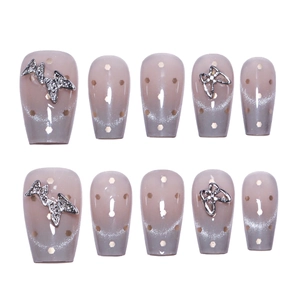 French cat-eye press-on nails with 3D silver butterflies and golden glitter accents