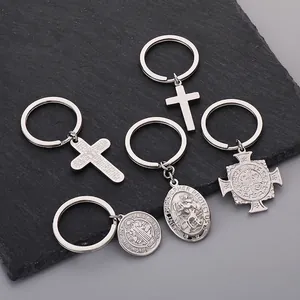 Vintage Religious Titanium Steel Keychain Saint Christopher Benedict Medal Cross Pendant Key Ring Accessory For Unisex