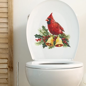 Christmas toilet sticker featuring a cardinal, golden bells, and green holly branches