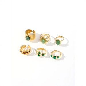 Set of six vintage gold stainless steel rings with colorful African pine stones