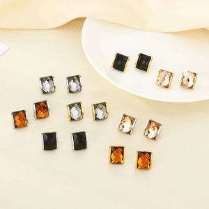 Detailed view of multi-color square crystal stud earrings with elegant 18K gold plating