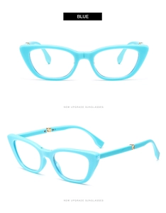 Detail view of foldable blue cat-eye sunglasses showing glossy frame and temple structure