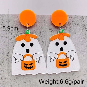 Detailed view of Halloween acrylic ghost and pumpkin earrings with size and weight metrics