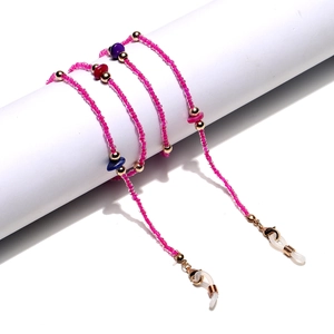 Fashionable eyeglass chain with natural colorful stones and magenta seed beads with gold clasp