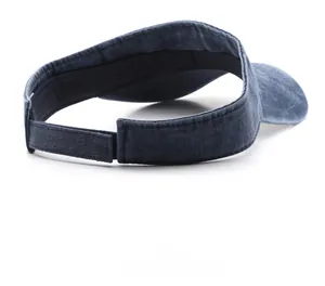 Detail of navy blue sun visor showing adjustable velcro closure and quality stitching