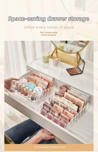Close-up of a tiered acrylic drawer organizer for eye shadow and makeup palettes