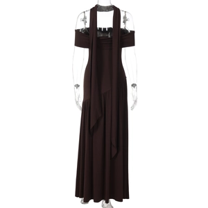 Detail of the off-shoulder neckline and elegant matching ribbon on a slim brown maxi dress