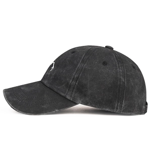 Vintage washed black cotton baseball cap with white mountain embroidery for outdoor style