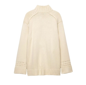 Chic cream white knitted high neck sweater featuring detailed openwork knit cuffs on back view