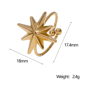 Detail view of gold north star ring showing dimensions 18mm x 17.4mm and 2.4g weight
