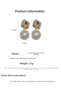 Detailed view of rhinestone square pearl earrings with size dimensions 4.3cm by 1.7cm