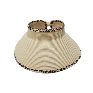 Foldable straw sun visor for women with leopard print brim and open top design