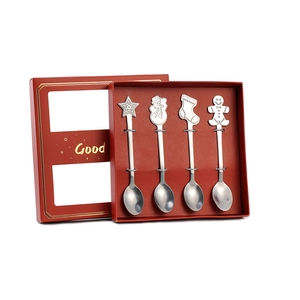 4-piece Christmas stainless steel spoon set with holiday pendants in a red gift box