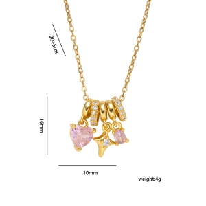 18k gold plated heart star necklace with pink zircon pendants and 20+5cm chain size