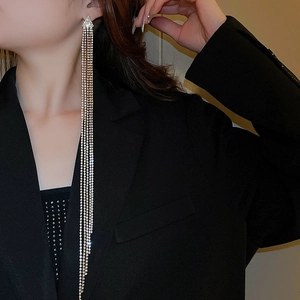 Gros plan de boucles d'oreilles à longs glands strass portées par un mannequin