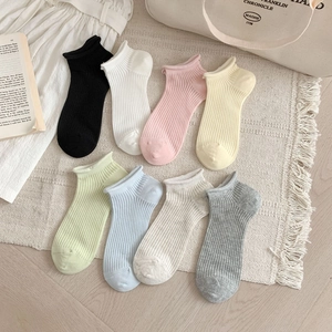 Women Ankle Socks Combed Cotton Breathable Mesh Ribbed Knit Solid Color Thin Summer Low Cut Casual