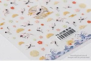 Macro detail of 5D embossed nail stickers featuring cranes and plum blossoms TS-203