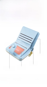 Detailed interior of a sky blue lychee leather wallet with card slots and coin pocket