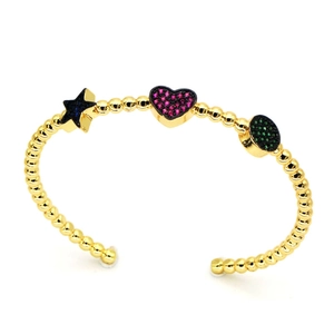 Gold beaded open bangle featuring star, heart, and round zircon pendants with colorful accents