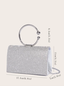 Silver rhinestone evening bag dimensions with metal handle and detachable chain details