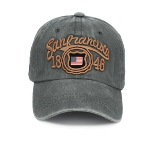 Detail of San Francisco 1846 3D embroidery and US flag patch on grey washed cotton cap