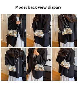 Detailed views of silver pleated cloud bag with metallic finish and chain strap