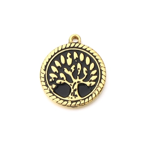 Golden stainless steel round Tree of Life pendant with black enamel finish and hanging loop