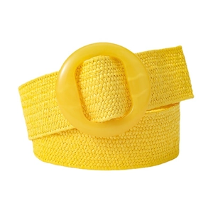 Bohemian yellow straw elastic belt with round resin buckle on a plain white background