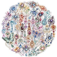 Detail of waterproof PET stickers featuring vintage jewelry and colorful gemstone designs