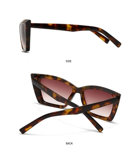 Detail view of tortoiseshell square sunglasses with thick frames from side and back angles
