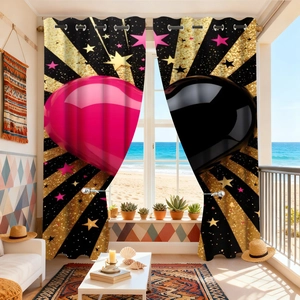 Black and gold heart pattern blackout curtains for Valentine's Day in a beach villa setting
