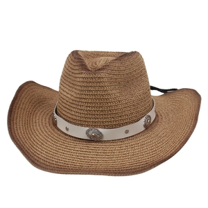 Dark brown straw cowboy hat with white leather band and embossed floral silver buckles