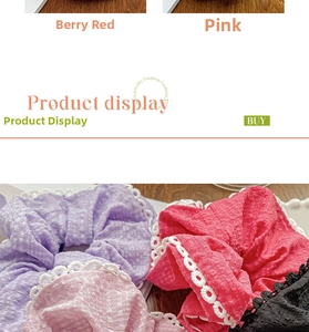 Lace-edged scrunchies in berry red, pink, purple, and black with textured knit fabric