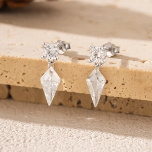 Elegant S925 sterling silver kite-shaped crystal earrings with geometric zircon studs