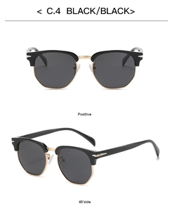 Front and 45-degree side views of retro half-frame polarized sunglasses with gold metal trim