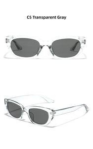 Detail view of transparent grey rectangular sunglasses with dark grey lenses