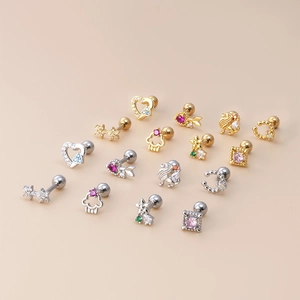 16-piece set of heart and flower cartilage earrings with colorful zircons and screw backs