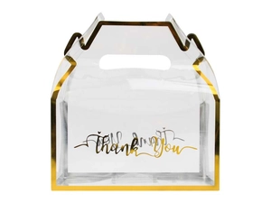 Detailed view of transparent PVC gift box with gold trim and Thank You print handle
