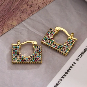 Luxury gold plated handbag-shaped earrings encrusted with colorful cubic zirconia