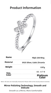Detailed spec view of S925 silver ring with cubic zirconia cross and white gold finish