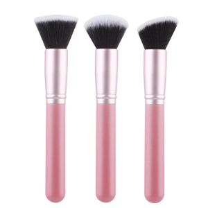 Three-piece pink makeup brush set with foundation, powder and contour brushes for face