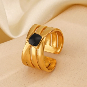 Modern 18K gold plated stainless steel wide band open ring with black square enamel inlay