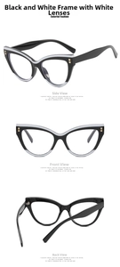 Detailed views of cat-eye frames in black and white with gold rivet accents