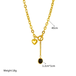 Golden titanium steel chain necklace with heart and oval gemstone pendants 40cm length