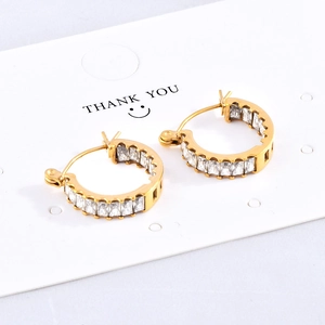 18K gold plated stainless steel hoop earrings with rectangular white zircon stones