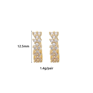 Detail showing 12.5mm gold wheat ear hoop earrings with white zircon inlay and weight info