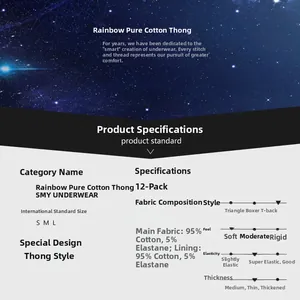 Detailed chart showing 95% cotton rib knit thong specifications and material composition