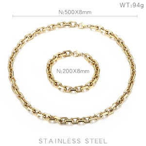 Detailed view of gold stainless steel necklace and bracelet set with size specifications