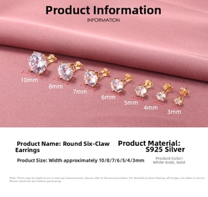Size chart showing S925 sterling silver six-prong stud earrings from 3mm to 10mm