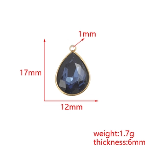 Blue teardrop birthstone pendant in stainless steel with detailed size specifications